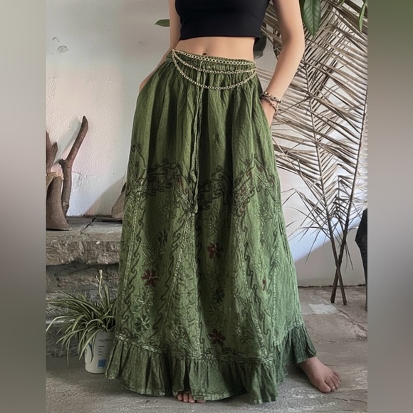 Puzzlestack Dresses & Skirts - Chic Olive Maxi Skirt with Floral Accents